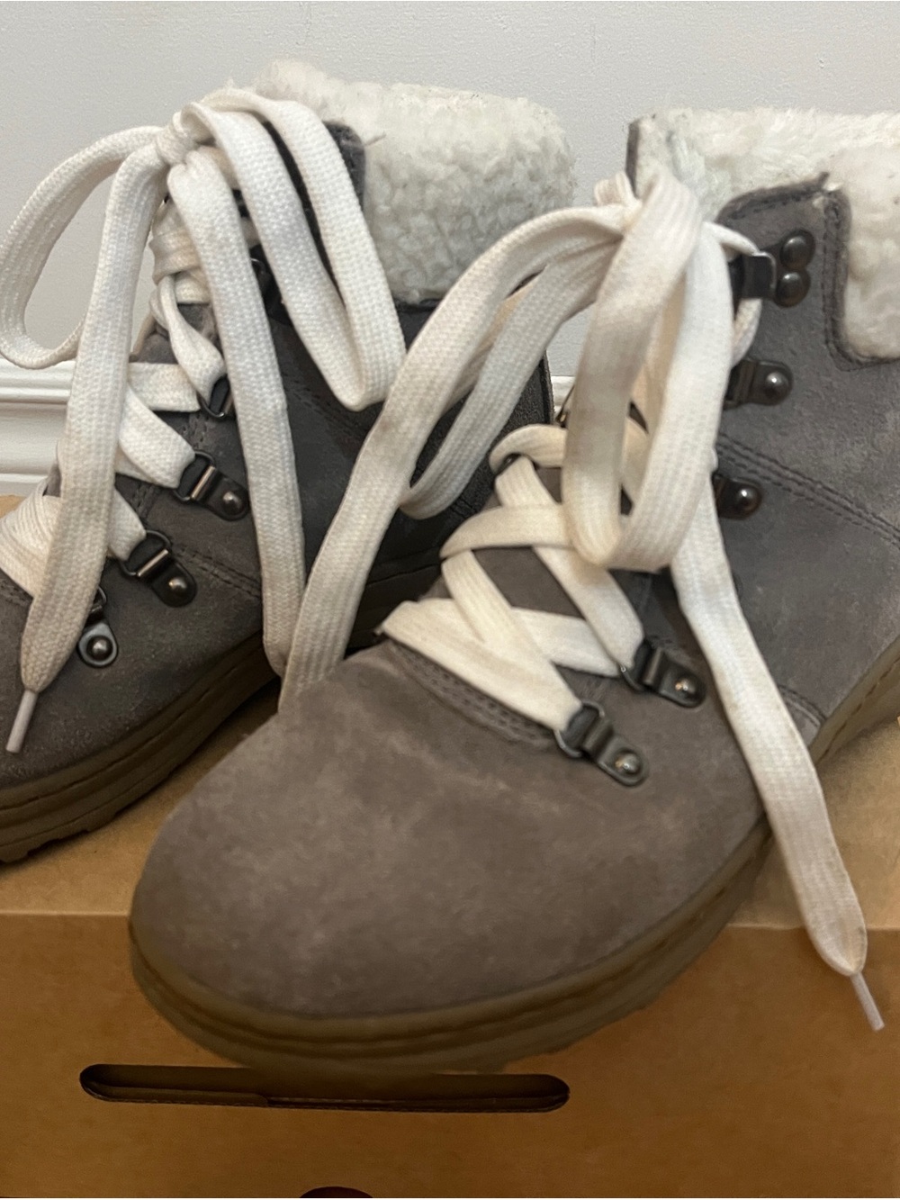 Panama Jack Gray Suede Winter Boots with White Sherpa Collar